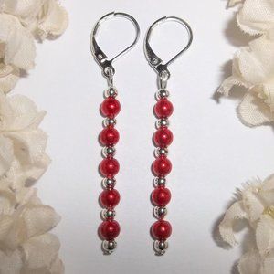 Red Pearl & Silver Earring Set Lever Back Jewelry Gift Idea for Her NWT 6470